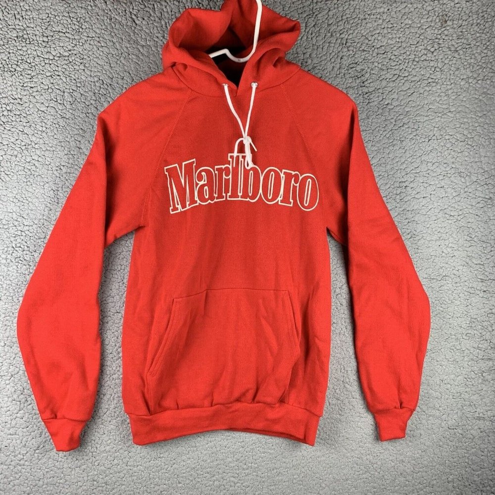 VTG Marlboro Cigarettes Pullover Hoodie Spellout Logo Red Hanes Made in USA NWOT